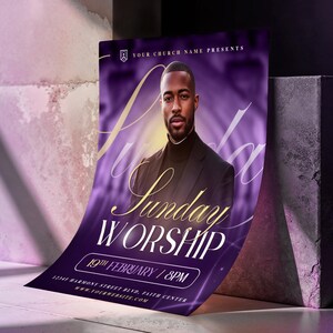 May include: A purple poster with a man in a suit, promoting a Sunday Worship event. The poster includes the text "Sunday Worship" in gold script, along with the date and time, and the church's website.