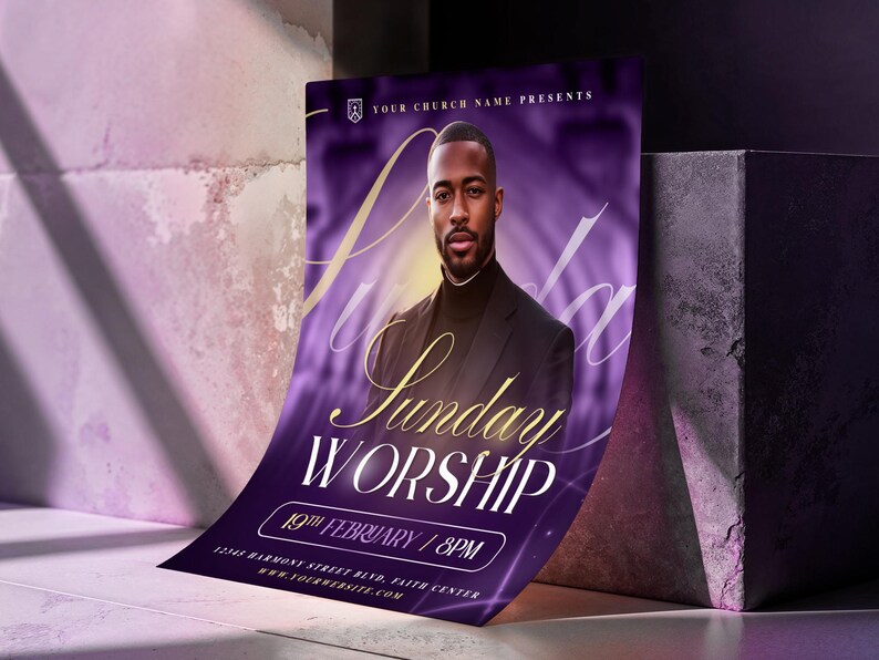 May include: A purple poster with a man in a suit, promoting a Sunday Worship event. The poster includes the text "Sunday Worship" in gold script, along with the date and time, and the church's website.