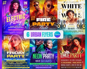6 Urban Club Party Flyers Bundle: DJ Event, Social Media Templates (Canva Editable)