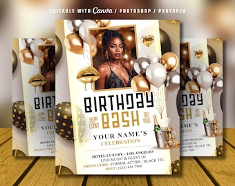May include: A birthday celebration flyer with a glamorous design. It features a photo of a woman, gold and silver balloons, and the words "BIRTHDAY BASH". The flyer also includes event details and a dress code.