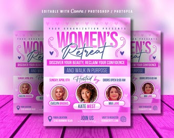 May include: A promotional flyer for a Women's Retreat, featuring a pink and white gradient design. The flyer includes the text "Women's Retreat" and details about the event, including the date, time, and speakers. The flyer is designed to be edited with Canva, Photoshop, or Photopea.
