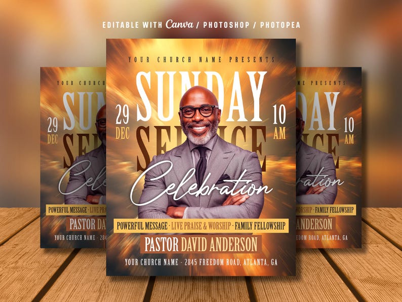 Spring Sunday Service Flyer Editable Sunday Service Flyer: Church Celebration (canva, Photoshop ...