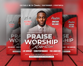 Editable Church Worship Flyer Template: Sunday Service Celebration (Canva & Photoshop, Digital Download)
