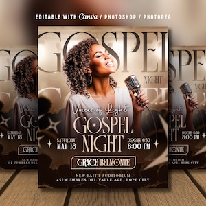 May include: A promotional poster for a Gospel Night event. The design features a woman singing into a vintage microphone, with the words "Gospel Night" prominently displayed. Additional text includes event details and the phrase "Voices of Light."