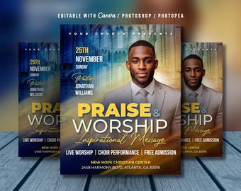 Editable Church Worship Flyer Template: Sunday Service (Canva & Photoshop, Digital Download)