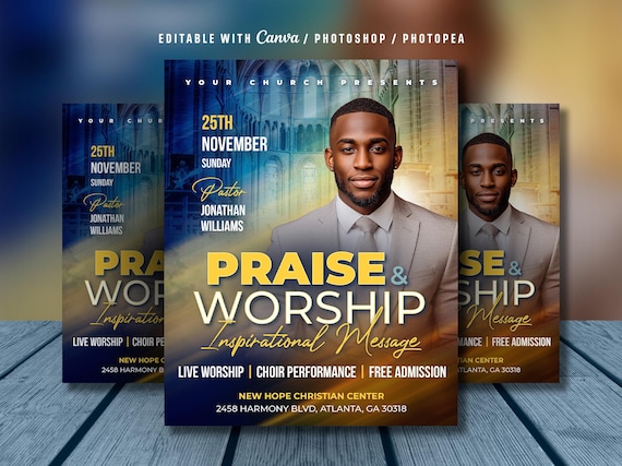 Editable Church Worship Flyer Template: Sunday Service (Canva & Photoshop, Digital Download)