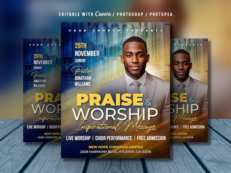 May include: A poster advertising a church event with a man in a suit as the central image. The design includes the words "Praise & Worship" in large text, along with event details. The colour scheme is blue and gold.