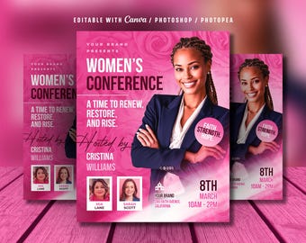 Editable Women's Conference Flyer: Church Event Pink Floral Flyer Template (Canva and Photoshop File)