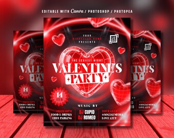 May include: A promotional flyer for a Valentine's Day party. The design features a red and black color scheme with heart graphics and the text "Valentine's Party". The flyer includes event details and a logo.