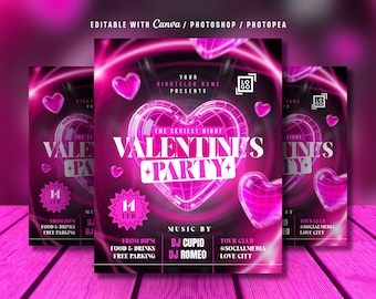 May include: A promotional flyer for a Valentine's Day party, featuring a pink and black color scheme. The design includes a large heart graphic, the text "Valentine's Party," and event details. The flyer is displayed in a stack of three.