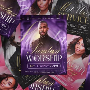 May include: A collection of promotional flyers with a purple and gold color scheme. The central flyer features a man in a black suit with the text "Sunday Worship" and event details. Other flyers promote "Mid Week Service" and "Workout Day".