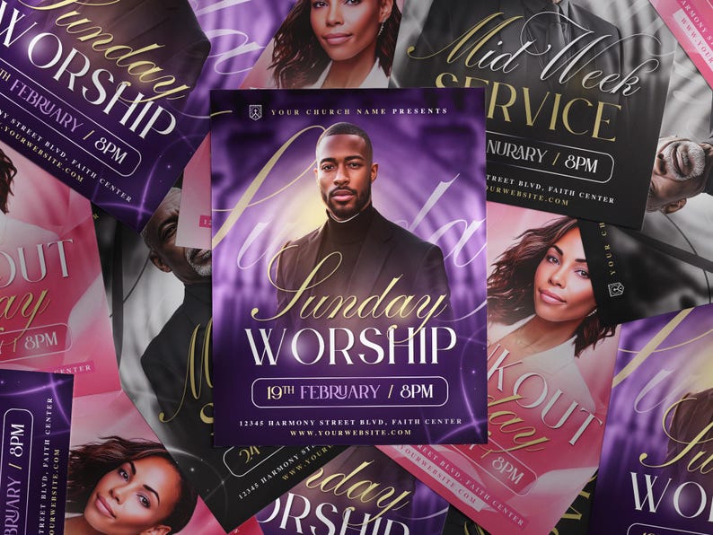 May include: A collection of promotional flyers with a purple and gold color scheme. The central flyer features a man in a black suit with the text "Sunday Worship" and event details. Other flyers promote "Mid Week Service" and "Workout Day".