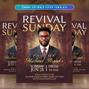 Può includere: Un modello di volantino modificabile per un evento religioso intitolato REVIVAL SUNDAY. Il design presenta il ritratto centrale di un pastore in giacca e cravatta con occhiali, con testo che include PASTOR Michael Braaks, SUNDAY JUN 28, FROM 10 AM.