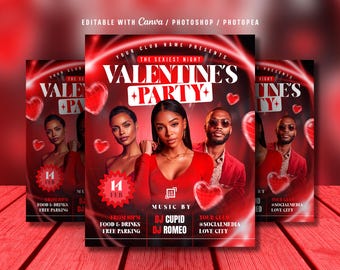 May include: A promotional flyer for a Valentine's Day party. The design features a red color scheme with the text "VALENTINE'S PARTY" and images of people. The flyer includes details about the event, such as the date, time, and music by DJ Cupid and DJ Romeo.
