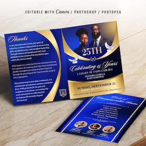 May include: A blue and gold commemorative invitation for a 25th anniversary celebration. The design includes the text "Celebrating 25 Years" and features images of two people. The invitation is on a marble surface.