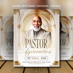 May include: A flyer for a Pastor Appreciation event. The design features a portrait of Pastor James Anderson, with the words "PASTOR Appreciation" in elegant script. The date and time are also displayed, along with the church's address and website.