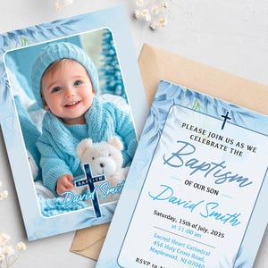Plantilla de invitación de bautismo azul suave, invitación de bautismo imprimible, tarjeta de bautismo Canva editable, invitación de foto digital de bautismo.
