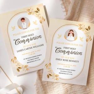 Plantilla de invitación para Primera Comunión (niño y niña), Canva, Photoshop, invitación imprimible y editable, ceremonia católica