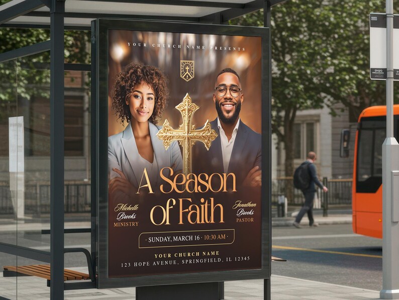 Może przedstawiać: Plakat reklamowy na przystanku autobusowym przedstawia dwie osoby i złoty krzyż. Tekst brzmi "A Season of Faith" ze szczeg&oacute;łami wydarzenia. Reklama zawiera nazwiska Michelle Brooks i Jonathan Brooks oraz adres kościoła.