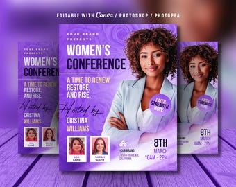 Könnte beinhalten: Lila Werbeplakat für eine Frauenkonferenz. Das Plakat zeigt eine Frau in einem hellblauen Blazer, den Text "Women's Conference" und das Datum 8. März. Das Thema ist Erneuerung, Wiederherstellung und Aufstieg.
