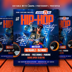 Può includere: Volantino promozionale per un Hip-Hop Party, con un uomo con occhiali da sole e un boombox. Il volantino è blu scuro con testo arancione, che pubblicizza musica dal vivo, bevande gratuite e parcheggio. Ospitato da DJ Karlz e DJ Mike.