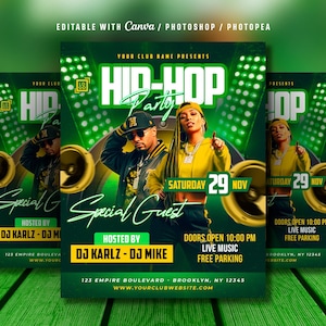 Op de afbeelding: Promotieflyer voor een Hip-Hop Party, met een groen en goud kleurenschema. De flyer bevat de tekst "Hip-Hop Party", "Special Guest" en de datum "Zaterdag 29 Nov." Gehost door DJ Karlz en DJ Mike. De flyer bevat ook het adres en de website van de club.