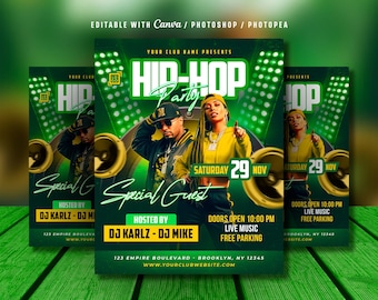 Hip Hop Party Flyer Template: Green Neon, Urban Club Event (PSD & Canva Editable)