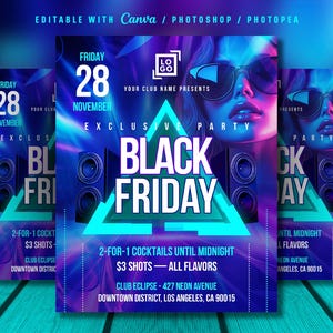 Black Friday Neon Party Flyer Template for Club Event, Friday Club Party Flyer, Premade Flyer, Editable Canva PSD Template, DJ Night Flyer