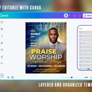 May include: A digital design template on a Canva interface, promoting a church event. The poster features a man in a suit, with text that reads "Praise & Worship" and event details. The Canva interface is visible with editing tools.