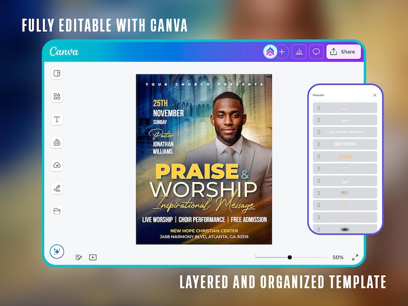 May include: A digital design template on a Canva interface, promoting a church event. The poster features a man in a suit, with text that reads "Praise & Worship" and event details. The Canva interface is visible with editing tools.