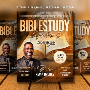 May include: Flyer design for a Bible study event. The design features a smiling man, an open book, and the words "Bible Study" and "Inspirational message." The event date and time are also displayed.