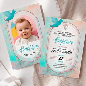 Faire-part de baptême artistique à l'aquarelle avec photo, modèle numérique de carte de baptême pour bébé fille ou garçon, modèle modifiable de toile de baptême.