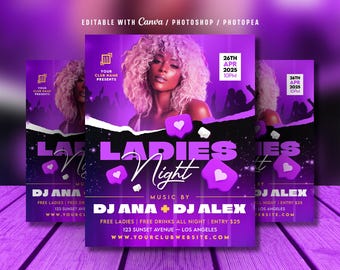 Könnte beinhalten: Werbeflyer für eine Ladies Night-Veranstaltung mit einer Frau mit lockigem blondem Haar. Das Design ist überwiegend lila mit dem Text "Ladies Night" in großen, stilisierten Buchstaben. Der Flyer enthält Eventdetails wie Datum, Uhrzeit und DJ-Namen.