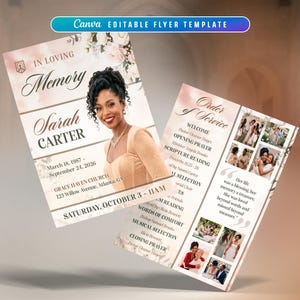 May include: A funeral programme flyer template featuring a soft pink and white floral design. The front displays a portrait of a person, the text In Loving Memory, Sarah Carter, dates, and event details. The back lists the Order of Service and photos.