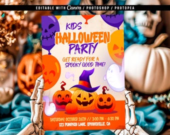 May include: A Halloween party invitation with orange and purple accents. The design features pumpkin illustrations, a witch's hat, and the text "KIDS HALLOWEEN PARTY". The invitation includes the date, time, and location.