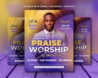 Editable Church Worship Flyer Template: Sunday Service Celebration (Canva & Photoshop, Digital Download)