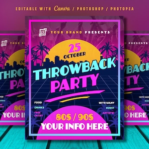 Retro 80er 90er Party Flyer Vorlage, bearbeitbares Canva PSD Design (digitaler Download)