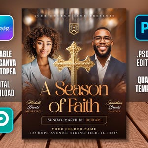 Może przedstawiać: Cyfrowy szablon na wydarzenie kościelne, z złotym krzyżem i tekstem "A Season of Faith". Projekt zawiera zdjęcia mężczyzny i kobiety, z możliwością edycji w Canva i Photopea.