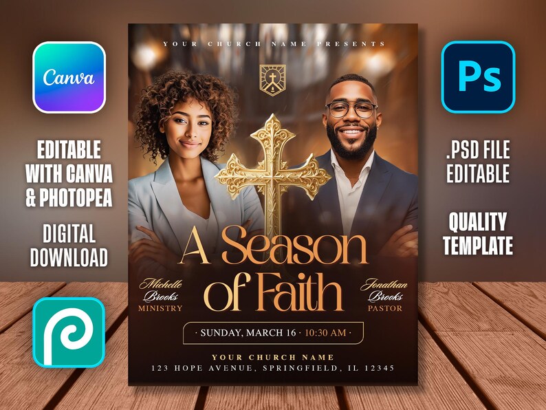 Może przedstawiać: Cyfrowy szablon na wydarzenie kościelne, z złotym krzyżem i tekstem "A Season of Faith". Projekt zawiera zdjęcia mężczyzny i kobiety, z możliwością edycji w Canva i Photopea.