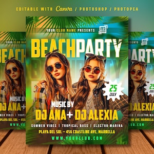 Summer Beach Party Flyer Template, Club Event Poster, Tropical Vibes, DJ Beach Party Flyer, Canva Editable, Photoshop File, Instant Download