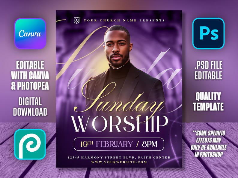 May include: A digital download flyer for Sunday Worship, featuring a man in a suit. The design is purple and gold, with the text "Sunday Worship" prominently displayed. Includes Canva and Photoshop editing options.