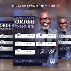 Plantilla de volante para organizadores de eventos de la iglesia: Orden del servicio, domingos mensuales, programa de la iglesia (Canva y Photoshop)