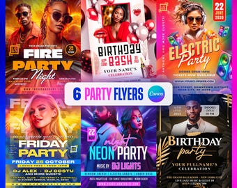 6 Party Flyers Bundle: Nightclub, Birthday, Club, DJ Event, Social Media Templates (Canva Editable)