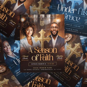 Może przedstawiać: Ulotki z tekstem "A Season of Faith" i "Under His Grace" są rozrzucone na powierzchni. Ulotki zawierają zdjęcia mężczyzny i kobiety, złoty krzyż oraz szczeg&oacute;ły wydarzenia. Schemat kolor&oacute;w to gł&oacute;wnie brązowy, złoty i niebieski.