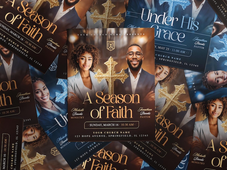 Może przedstawiać: Ulotki z tekstem "A Season of Faith" i "Under His Grace" są rozrzucone na powierzchni. Ulotki zawierają zdjęcia mężczyzny i kobiety, złoty krzyż oraz szczeg&oacute;ły wydarzenia. Schemat kolor&oacute;w to gł&oacute;wnie brązowy, złoty i niebieski.