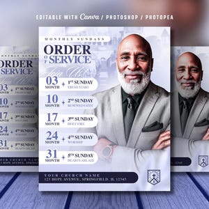May include: A promotional flyer for a church service, featuring a smiling Black man in a suit. The flyer includes the text "Order of Service" and the dates and themes for each Sunday of the month. The flyer is in shades of blue and white.