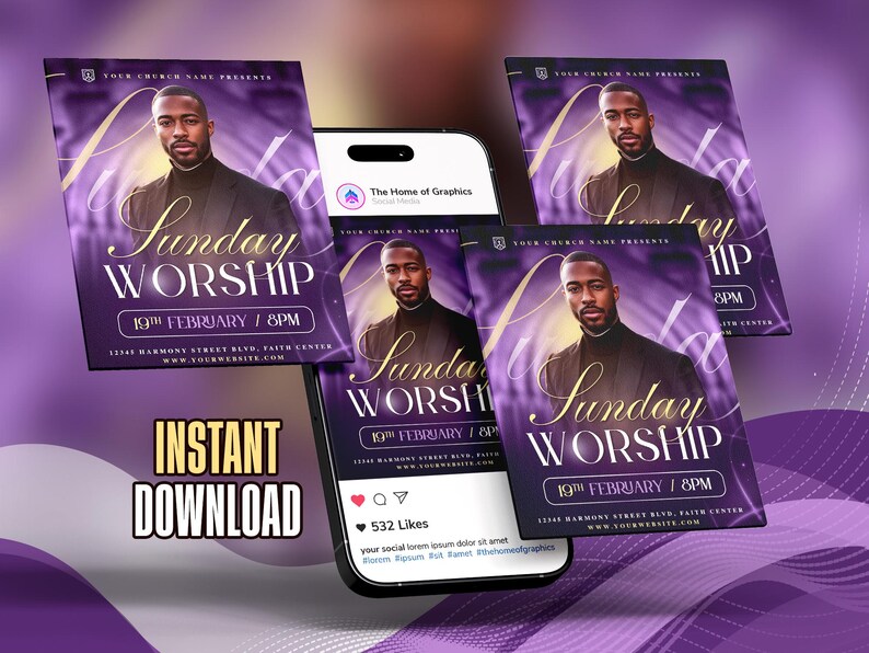 May include: A promotional graphic for a Sunday Worship event, featuring a man in a black suit. The design includes the text "Sunday Worship" and event details on a purple background. The words "Instant Download" are also visible.