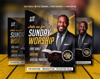 Flyer editável para igreja: Culto de domingo, Igreja do Avivamento (Canva, arquivo PSD, download digital)