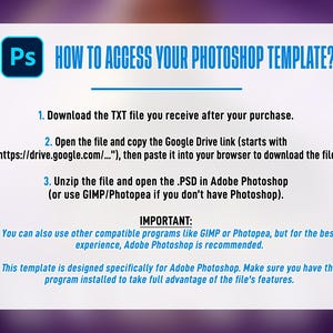 May include: A white card with instructions on how to access a Photoshop template. The card has a blue and white Photoshop logo in the upper left corner. The text includes steps for downloading and opening the file.