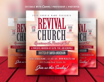 Editable Church Flyer: Sunday Service Celebration, Revival Church Red Template (Canva, PSD File)